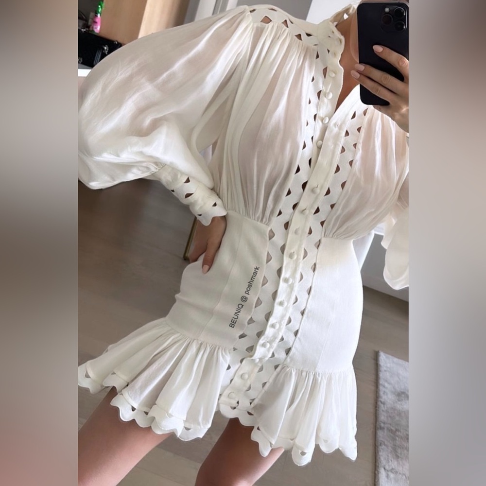 ZIMMERMANN ‘Ninety-Six Wave’ Cutout Rickrack Trim Peplum White Dress